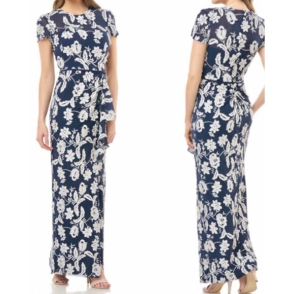 JS Collections dress navy Embroidered illusion drape gown - Picture 1 of 6